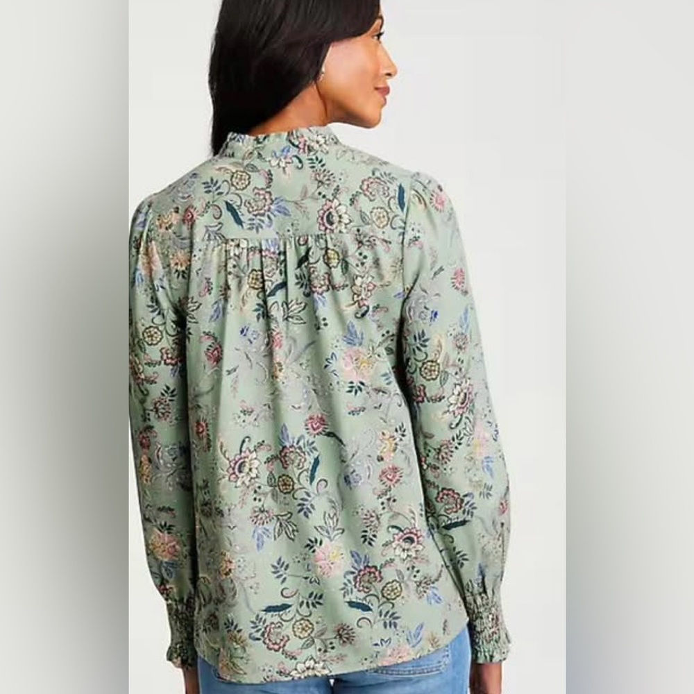 J JILL RUFFLED NECK BLOUSE GREEN/MULTI SIZE LARGE NWT! - Picture 2 of 7